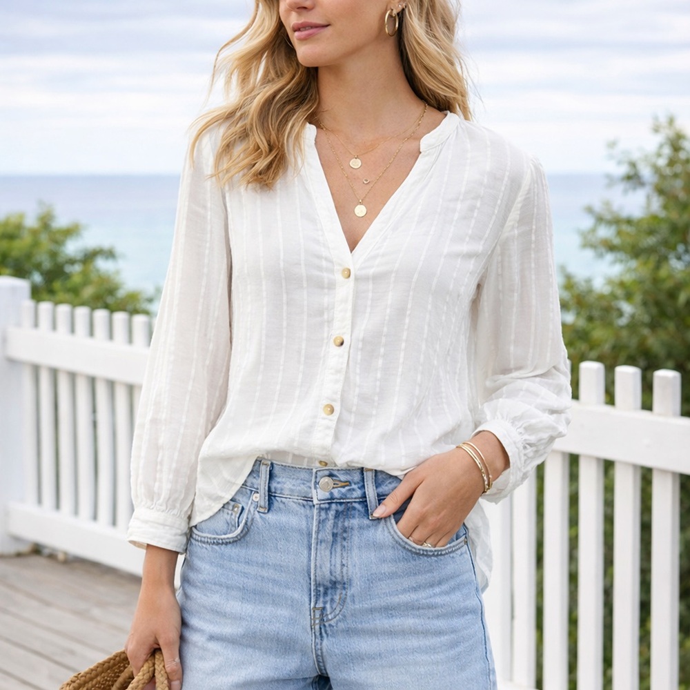 Classic White Button-Down V-Neck Blouse
